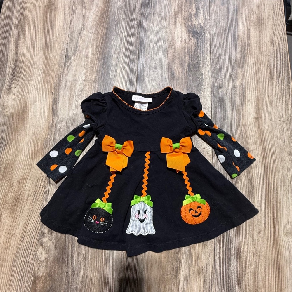 Whimsical Bonnie Baby Halloween Dress Black Polka Dot Pumpkin Ghost Cat 12M